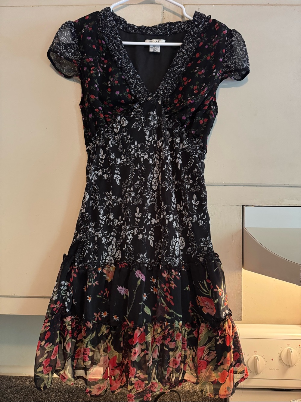 At Last Y2K Black Floral Patchwork Tiered Dress Sz M Boho